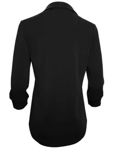 Detailed back view of the elegant black lapel long sleeve top, showing fine tailoring.