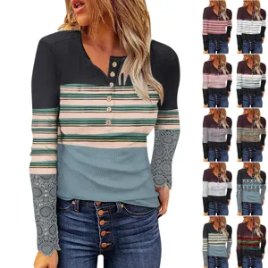 Haut à Manches Longues Décontracté pour Femmes en Mélange de Coton Col Henley Tricot Côtelé T-Shirt Patchwork Rayé Avec Poignets en Dentelle