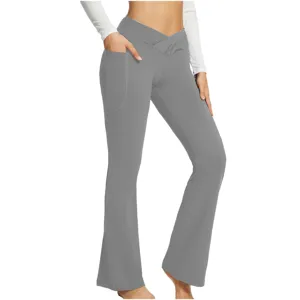 High waist crossover flare yoga pants detail featuring convenient side pocket and slim fit design.