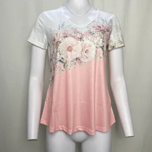 Women's V-neck short sleeve floral gradient t-shirt detail showing delicate print and soft fabric.