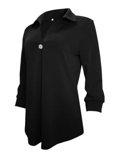 Black long sleeve blouse detail showing lapel collar, V-neck, single button and pleated front.