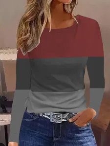 Stijlvolle Dames Color Block Langarm Top Casual Ronde Hals Patchwork Trui Sweatshirt