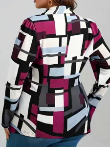 Kleurrijke geometrische blokpatroon lange mouw blazer jas voor vrouwen casual mode