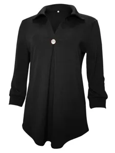 Women's solid color lapel long sleeve V-neck single button pleated casual shirt top.