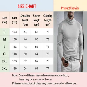 Mens turtleneck long sleeve solid color base layer top size chart and detail view.