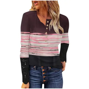 Femme Manches Longues Dentelle Patchwork Bouton Imprimé Pull T-Shirt Haut Décontracté