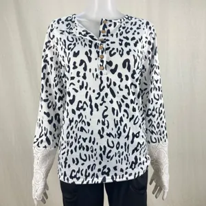 Leopard print long sleeve ribbed knit T-shirt with lace cuffs and wooden buttons detail.