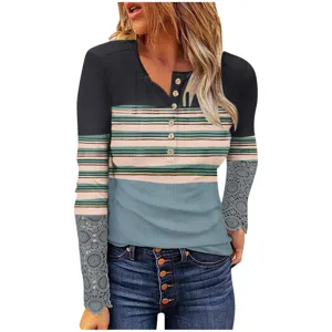 Femme manches longues blocs de couleur rayé bouton côtelé t-shirt avec poignets dentelle