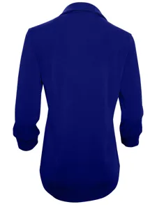 Back detail view of royal blue women's long sleeve lapel shirt, solid color blouse back.
