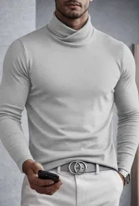 Close-up view of the men's grey crossover turtleneck long sleeve slim fit top detail.
