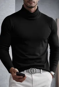 Close-up detail of the stylish black turtleneck long-sleeve men slim fit solid top.