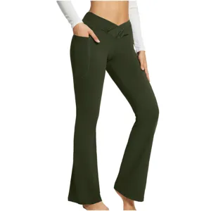 Women's high waist crossover yoga flare pants with side pocket detail, dark green.