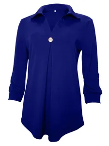 Women casual solid color lapel V-neck single button 3/4 sleeve blouse elegant top.