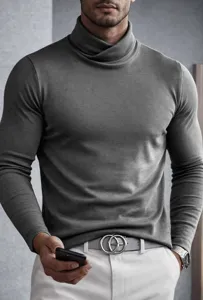 Men's solid color turtleneck long sleeve slim fit base shirt autumn winter daily wear fashion top
