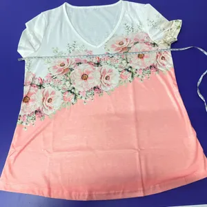 Detailed view of women casual V-neck short sleeve tee with pink floral gradient print and size S.