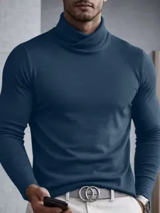 Men's solid color turtleneck long sleeve slim fit thermal pullover shirt for autumn winter.