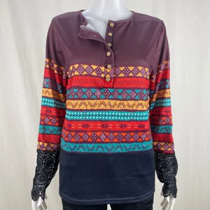 Women's long sleeve rib slim fit crew neck button print pullover t-shirt with lace cuffs.
