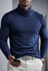 Men's solid color turtleneck long sleeve T-shirt, slim fit autumn winter basic top.