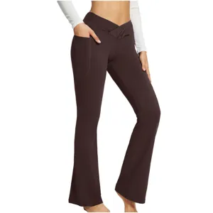 High waist crossover flare yoga pants for women with side pocket casual workout leggings solid brown.