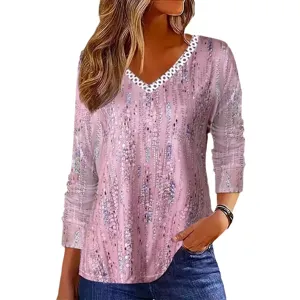 Women fashion casual V-neck long sleeve top with stylish print, comfortable everyday wear.