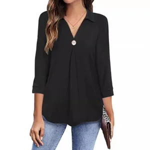 Women Casual Polyester Blouse Shirt Lapel V Neck Single Button Top Short Sleeve Solid Color Elegant Office Work Wear