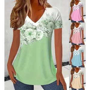 Women Casual V Neck Short Sleeve T-Shirt Floral Printed Gradient Summer Polyester Top Loose Fashion Tee