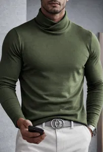 Close-up detail of men's army green turtleneck long sleeve top, fitted knitwear style.