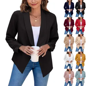 Women's Fashion Double Layered Lapel Blazer Jacket Slim Fit Long Pleated Sleeve Open Front Suit Coat For Office Lady Commute Casual Outerwear