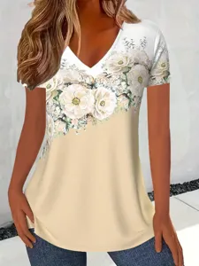 Casual V-neck short sleeve floral print gradient women's t-shirt top summer fashion