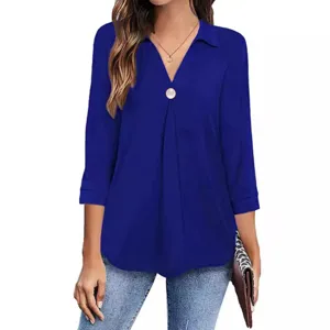Women's V-neck lapel solid color single-button blouse casual 3/4 sleeve chic top shirt.