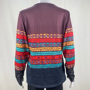 Women ethnic print ribbed long sleeve t-shirt with lace cuff detail, casual top view.