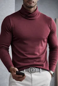 Detailed close-up of mens burgundy turtleneck long sleeve shirt with slim fit style.