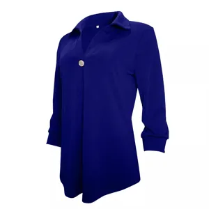 Women solid blue long sleeve lapel single button shirt top front view main product image