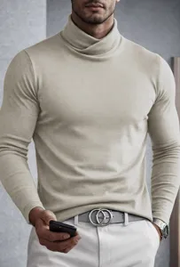 Men's autumn winter turtleneck long sleeve slim fit solid color casual knitwear top.