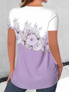 Women casual short sleeve t-shirt with elegant purple white floral gradient print top.