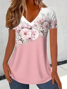 Casual floral print V-neck short sleeve t-shirt detail showing soft fabric and gradient pink.