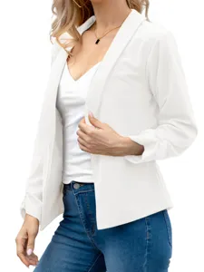 Women's casual white open front blazer jacket stylish fashion outerwear with lapel collar.