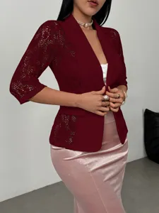 Élégant blazer femme manches en dentelle printemps mode couleur unie coupe slim détails veste