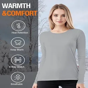 Vue détaillée du haut thermique à manches longues pour femmes, coupe slim col rond couche de base.