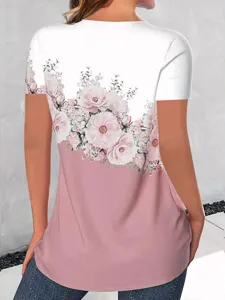 Casual women's short sleeve tee with chic pink gradient and watercolor floral print detail.
