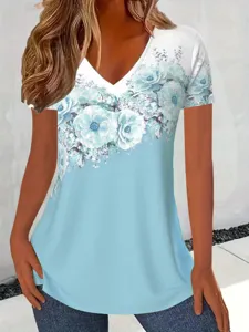 Women casual V-neck short sleeve T-shirt with blue floral gradient print for daily wear.