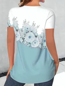 Women casual floral print short sleeve t-shirt summer gradient blue top elegant view