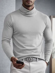 Mens solid color turtleneck long sleeve slim fit casual top for autumn winter front view.