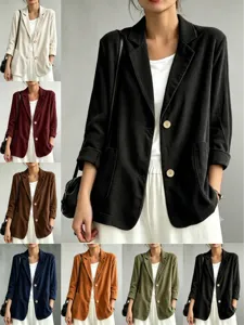 Blazer Casual da Donna in Velluto a Coste Vintage Revers Monopetto Tinta Unita Capispalla per Autunno Inverno Ufficio Donna Top