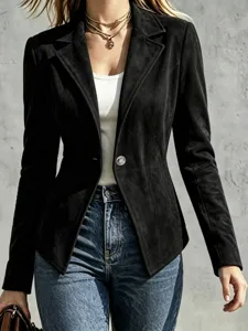 Women black suede slim lapel single button long sleeve blazer jacket casual outerwear