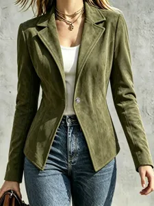 Women olive green suede blazer slim fit lapel single breasted long sleeve jacket top