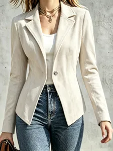 Women vintage faux suede blazer slim fit lapel single button long sleeve jacket top