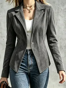 Women's vintage solid color suede tailored blazer slim fit long sleeve button jacket