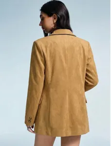 Back view detail of women faux suede blazer jacket, stylish camel outerwear for winter.
