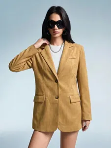 Detail view of khaki suede blazer jacket, showing classic lapel and button front design.